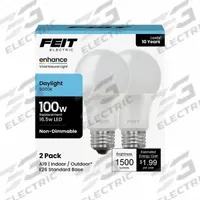 FEIT ELECTRIC Compact LED Bulb: Medium Screw (E26), LED, (A) Classic, A19, 16.5 W Watt, 5000K (MPN OM100/950CA10K/2). Key specifications — attr233510: A19; attr233525: 120V AC; attr233549: Frosted; attr518949: 5000K; attr239859: FEIT ELECTRIC.