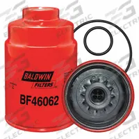 BALDWIN FILTERS Fuel Filter: Spin-On, 6 3/8 in Overall Lg, 4 1/16 in Outside Dia, Diesel Fuel (MPN BF46062). Key specifications — attr1137520: BF46062; attr434022: BALDWIN FILTERS; attr427730: Cellulose; attr427731: Attached Grommet; attr1017112: Buses; attr1017113: GMC.