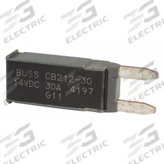 Automotive Circuit Breaker: CB212, 14V DC, 225 A at 14V DC, Blade (MPN CB212-30). Key specifications — Series: CB212; Voltage: 14V DC; Interrupt Rating: 225 A at 14V DC; Terminal Connection: Blade; Circuit Breaker Type: Type II Footprint Circuit Breaker; Brand: BUSSMANN.