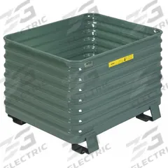 STEEL KING Bulk Container: 26.7 cu ft, 41 1/2 in x 49 1/2 in x 28 1/2 in, Lid Not Included, Green (MPN RCCM404824VG). Key specifications — Brand: STEEL KING; Stackable: Stacking Capable; Shape: Rectangular; Runner Location: None; Fork Entry: 4-Way Entry; Container Wall Type: Solid; Mobility: Stationary; Collapsible: Collapsible.