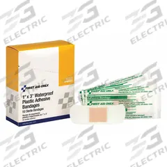 FIRST AID ONLY Adhesive Bandage: Strip Bandages, 1 in Wd, 3 in Lg, Not Metal Detectable, Plastic (MPN 90333). Key specifications — Product Type: Strip Bandages; Unitized: Unitized; Water Resistance: Waterproof; Brand: FIRST AID ONLY; Latex Content: Latex Free; Metal Detectable: Not Metal Detectable; Package Type: Box; Manufacturer Part Number: 90333.
