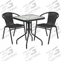 FLASH FURNITURE Square Patio Table Set: Clear, Rattan/Wicker Chair Back, 23 1/2 in Table Wd, Glass (MPN TLH-0731SQ-037BK2-GG). Key specifications — Chair Seat Material: Rattan; Includes Umbrella Hole: No; Table Frame Material: Metal; Brand: FLASH FURNITURE; Chair Back Material: Rattan; Chair Finish: Powder Coated; Chair Frame Color: Black; Chair Frame Material: Metal.