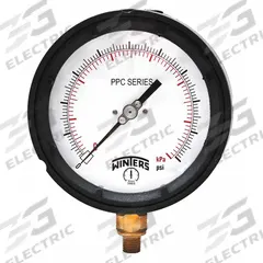 WINTERS Process Compound Gauge: 0 psi to 30 psi, Reflective Fluorescent Yellow-Green, 4 1/2 in Dial (MPN PPC5121WBYG). Key specifications — Brand: WINTERS; Pointer Color: Black; Accuracy: ±0.5%; Dial Color: Reflective Fluorescent Yellow-Green; Gauge Wetted Parts: Brass / Bronze; Case Material: Phenolic; Vibration Resistance Properties: Liquid-Filled; Pressure Range: 0 psi to 30 psi.