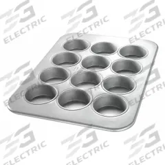 CHICAGO METALLIC Texas Size Muffin Pan: Aluminized Steel, 12 Slots, 12 7/8 in Overall Wd, Silver (MPN 43215). Key specifications — Pan Style: Muffin Pan; Brand: CHICAGO METALLIC; Color: Silver; Material: Aluminized Steel; NSF Certified: No; Number of Slots: 12.