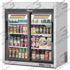 TRUE REFRIGERATION Freezer Merchandiser: 40 in x 36 in x 22 3/8 in, Silver, Glass Door, 3 Shelves (MPN GDM-09-SQ-S-HC-LD). Key specifications — attr1277723: TRUE REFRIGERATION; attr1277683: R-290; attr1277691: No; attr1277694: Silver; attr1280716: Glass Door; attr1280729: GDM.