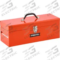 PROTO Tool Box: 19 1/2 in W 8 1/2 in D 9 1/2 in H, Steel, Red, Hinged Lid, Padlock, 1 Compartments (MPN J9977R). Key specifications — attr1116905: Red; attr1116917: Hinged; attr1116946: PROTO; attr1116904: Padlock.