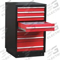 APPROVED VENDOR Modular Drawer Cabinet: 27 3/4 in x 28 in x 44 3/4 in, 7 Drawers, 66 Compartments (MPN 2HFP4). Key specifications — Drawer Inside Height: (1) 6-3/4 in; Base Type: Frame; Number of Compartments per Drawer: (6) 9; Brand: APPROVED VENDOR; Cabinet Color: Black/Red.