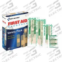 FIRST AID ONLY Adhesive Bandage: Strip Bandages, 1 in_3/4 in_5/8 in_7/8 in Wd, 3 in_2 1/4 in Lg (MPN 90332). Key specifications — Product Type: Strip Bandages; Unitized: Unitized; Water Resistance: Water Resistant; Brand: FIRST AID ONLY; Latex Content: Latex Free; Metal Detectable: Not Metal Detectable; Package Type: Box; Manufacturer Part Number: 90332.