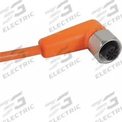Cordset: M12 Female Right Angle X Bare Wire, 5 Pins, Orange, PVC, 10 m Cable Lg, 4 A Max Current (A) (MPN EVT005). Key specifications — Cable Jacket Color: Orange; End 1 Gender: Female; End 1 Mounting Orientation: Right Angle; End 2 Connection Type: Bare Wire; IP Rating: IP67; Brand: IFM; Wire Size: 22 AWG; Cable Jacket Material: PVC.