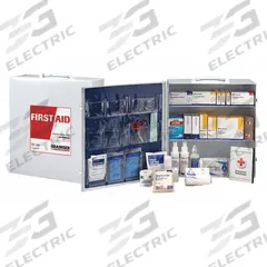 FIRST AID ONLY First Aid Kit and Housing: Gen Purpose, 100 People Served, 404 Components, Metal (MPN 59387). Key specifications — Adhesive Bandages Included: (10) Fingertip Bandages; Application: General Purpose; Brand: FIRST AID ONLY; Housing Color: White; Housing Material: Metal; Includes Oral or Inhalant Medication: Medication Included; Mountable: Wall Mount; Oral and Inhalant Medicinals Included: (50) Non-Aspirin Pain Relievers.
