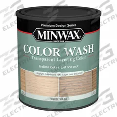 MINWAX Wood Stain: Wood Stain, Interior, Water, 1 qt Container Size, Wood, White Wash, Transparent (MPN 618604444). Key specifications — Brand: MINWAX; Transparency: Transparent; Use Location: Interior; Sub-Brand: Color Wash; Color: White Wash.
