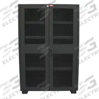 JAMCO Storage Cabinet: 48 in x 24 in x 78 in, 4 Adj Shelves, Swing Handle & Padlock Hasp, Legs (MPN DJ248BL). Key specifications — Brand: JAMCO; Body Panel Type: Ventilated; Base Type: Legs; Cabinet Color: Black; Frame Assembled: Assembled.