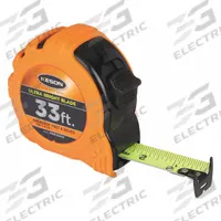 KESON Tape Measure: Nonmagnetic Double Hook Tip, 33 ft, Plastic with Rubberized Grip, Black (MPN PG181033UB). Key specifications — attr935324: KESON; attr942259: Black; attr935326: Finger Brake; attr935328: 1/16 in; attr935329: Inches; attr935337: SAE/Engineers Scale; attr936607: Manual Lock; attr972446: Inch/Engineer's Scale.