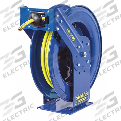 COXREELS Spring Return Hose Reel: 50 ft (3/8 in I.D.), 3/8 in MNPT, 300 psi Max Op Pressure - High-Visibility Truck-Mount Air or Water Spring-Return Hose Reels
