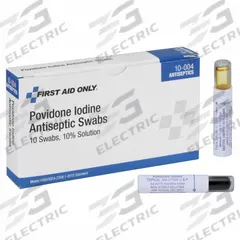 FIRST AID ONLY Topical Antiseptic Swab: Swab, Ethyl Alcohol/Povidone Iodine, 10 PK (MPN 10-004). Key specifications — Format: Swab; Product Type: Topical Antiseptic; Unit Package Type: Packet; Active Ingredient: Ethyl Alcohol; Manufacturer Part Number: 10-004; Unitized: Unitized; Concentration: Iodine: 10%; Brand: FIRST AID ONLY.
