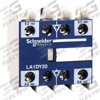 SCHNEIDER Auxiliary Contact Block: 2NO, 0.1 A Max Current (AC), Front Mount, Front-Mounted (MPN LA1DX20). Key specifications — Brand: SCHNEIDER; Compatible with Series: TeSys Deca.