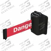 TENSABARRIER Retractable Belt Barrier: Fixed Mounting Plate, 7 1/2 ft Belt Lg, Danger Messaging, Red (MPN 891-33-STD-RI-C). Key specifications — Message Color: White; Frame Color: Black; Brand: TENSABARRIER; Belt Color: Red.