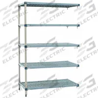 METRO Shelf Plastic Industrial Shelving (5): 24 in x 24 in, 74 in Overall Ht, 5 Shelves (MPN 5AQ517G3). Key specifications — Resistance Properties: Antimicrobial; Shelf Adjustment Type: Quick-Adjust; Frame Material: Steel; Shelving Material: Steel; Brand: METRO.
