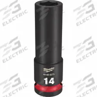 MILWAUKEE Deep Impact Socket: 1/2 in Drive Size, Metric, 14 mm Socket Size, 6-Point, Deep, Friction (MPN 49-66-6275). Key specifications — attr1215501: MILWAUKEE; attr1215515: Black Phosphate; attr1215518: 14 mm.