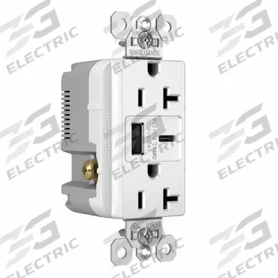 LEGRAND Receptacle: Duplex, 5-20R, 2 USB Ports, USB Type A/C, White, 125V AC - Weather-Resistant Receptacles with USB Chargers
