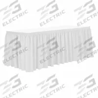 R&R TEXTILE Table Skirt: White, 17 1/2 ft Overall Lg, Poly, Shirred, Hook-and-Loop, 29 in Overall Ht (MPN EE-Pshirred-17.5FTx29in-White). Key specifications — Attachment Type: Hook-and-Loop; Material: Poly; Pleat Type: Shirred; Brand: R&R TEXTILE.