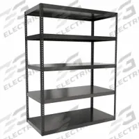 HALLOWELL Boltless Shelving: Standalone, Extra-Heavy-Duty, 72 in x 36 in, 96 in Overall Ht, Steel (MPN HCR723696-5ME). Key specifications — Finish: Powder Coated; Maximum Post Load Capacity: 6,000 lb with Beams Evenly Spaced at 21 in; Decking Material: Steel; Color: Black; Beam Profile: Angle; Brand: HALLOWELL; Side Panel: Open.