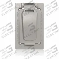 LEVITON Weatherproof Cover: Aluminum, Decora/FS/GFCI, 1 Gangs, 4 11/16 in Overall Ht, 3R, Gray (MPN WM1VF-GY). Key specifications — Brand: LEVITON; Color: Gray; Compatible with Product Type: Die-Cast Metallic Enclosures; Compatible with Series: GFCI; Mounting Orientation: Horizontal.