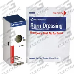 FIRST AID ONLY First Aid Kit: 4 in Dressing Lg, 4 in Dressing Wd, Sterile, Fastener Not Included (MPN FAE-7012). Key specifications — Water Resistance: Not Water Resistant; Unitized: Unitized; Standards: ANSI/ISEA Z308.1-2015; Manufacturer Part Number: FAE-7012; Package Type: Box; Product Type: Burn Dressing; Sterility: Sterile; Brand: FIRST AID ONLY.