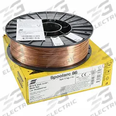 ESAB MIG Welding Wire: Mild Steel, ER70S-6 H4, 0.035 in, 44 lb, Fiber Spool, Spoolarc 86 (MPN 1382F05). Key specifications — Brand: ESAB; Spool Type: Fiber Spool; Tensile Strength (As Welded) (Merch): 86 ksi; Yield Strength (As Welded) (Merch): 72 ksi.
