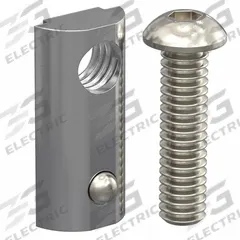 Drop In T-Nut: M8 Size, 16 mm Thread Lg, Button Head Socket Cap, For 8.2 mm Slot Wd, Steel, 6 PK (MPN 15MFA3923). Key specifications — Fastener Type: T-Nut; Fastener Head Type: Button Head Socket Cap; Material: Steel; Finish: Black Zinc-Plated; T-Slot Fastener Type: Drop-In T-Nut with Alignment Ball; Threaded Hole Location: Single Offset; Compatible Series: Faztek, 15 Series, Faztek, 40 Series; System of Measurement: Metric.