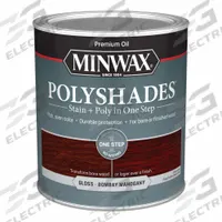 MINWAX Wood Stain: Wood Stain and Sealer, Interior, Oil, 1 qt Container Size, Wood, Gloss, Minwax (MPN 61480444). Key specifications — Brand: MINWAX; Transparency: Semi-Transparent; Use Location: Interior; Sheen: Gloss; Sub-Brand: Minwax; Color: Bombay Mahogany.
