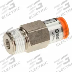 SMC Pneumatic Check Valve: Male Connector, NBR, Aluminum Alloy (Valve)/PBT (Body)/Spacer (Brass) (MPN AKH13A-N04S). Key specifications — attr291949: 1/2 in NPT; attr291950: 1/2 in Tubing; attr291957: NBR, Aluminum Alloy (Valve); PBT (Body); Spacer (Brass); attr294749: SMC.