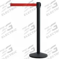 QUEUEWAY Barrier Post with Belt: Red, No Pattern, No Legend, 7 1/2 ft Belt Lg, Black (MPN QWAYPOST-33-R5). Key specifications — Base Material: Steel; Belt Color: Red; Brand: QUEUEWAY; Post Material: Metal Alloy; Post Color: Black; Message: No Legend.