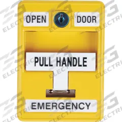DORTRONICS Emergency Door Release: 5 in Ht, 1 in Dp, 2 5/8 in Wd, Yellow, Yellow – Metal, Yellow (MPN 6510/YL-S35). Key specifications — Color: Yellow; Product Type: Emergency Door Release; Operation Type: Hand Pull; ADA Compliant: No; Brand: DORTRONICS.