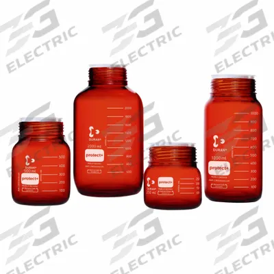 DURAN Narrow Mouth Round Glass Bottles - Safety Coated: 250 mL, 80 mm, Amber - Safety Coated Wide Mouth Round Glass Lab Bottles