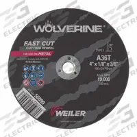 WEILER Abrasive Cutoff Wheel: Type 1, 4" x 1/8" x 3/8", Aluminum Oxide, 36 Grit, Wolverine (MPN 56099). Key specifications — Series: Wolverine; Brand: WEILER.