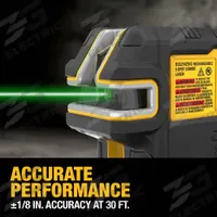 DEWALT Dot Laser: 2 Lines and 5 Dots, Green Beam, 100 - 200 ft Range w/o detector, 2 Lines, 5 Dots (MPN DCLE14251GB). Key specifications — attr934757: DEWALT; attr936112: ±1/8 in @ 33 ft; attr936114: Pendulum Self-Leveling; attr935981: Cable Compatible with USB-C Cables and Connectors.
