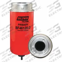 BALDWIN FILTERS Fuel Filter: Spin-On, 4 3/8 in Outside Dia, Biodiesel Fuel/Diesel Fuel, Cellulose (MPN BF46128-D). Key specifications — attr1137520: BF46128-D; attr434022: BALDWIN FILTERS; attr427730: Cellulose; attr427731: Attached Grommet; attr1017112: Trucks; attr1017113: Doosan.