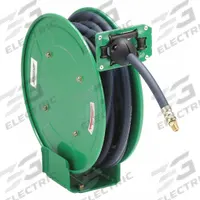 Spring Return Hose Reel: 25 ft (3/8 in I.D.), 1/4 in MNPT, 300 psi Max Op Pressure, Brass, Green (MPN 45UZ32). Key specifications — Reel Color: Green; Hose Capacity: 25 ft (3/8 in I.D.); Overall Dimensions: 12-19/32 in L x 6-39/64 in W x 13-57/64 in H; Swivel Material: Brass; Hose End Configuration: 1/4 in MNPT; Brand: SPEEDAIRE.