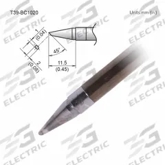 HAKKO Soldering Tip: T39 Series, Bevel, 2 mm W, 11.5 mm Lg (MPN T39-BC1020). Key specifications — Brand: HAKKO; Compatible Handpiece Manufacturer Model Number: FX-9701; Manufacturer Part Number: T39-BC1020.