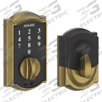 SCHLAGE RESIDENTIAL Electronic Keyless Lock: 1 3/4 in Door Thick - Max, Push Button, Brass (MPN BE375 CAM 609). Key specifications — Power Source: 9V Battery.