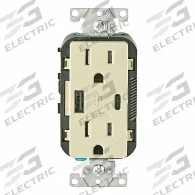 LEVITON Receptacle: Duplex, 5-15R, USB Type A/C, Ivory, 125V AC - Weather-Resistant Receptacles with USB Chargers