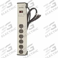 LEVITON Outlet Strip: 6 Outlets, 6 ft Cord Lg, 720 J Rated Energy, 20 A Current, UL 1449, Beige (MPN 5100-IS2). Key specifications — Brand: LEVITON; Mounting Style: Desktop.