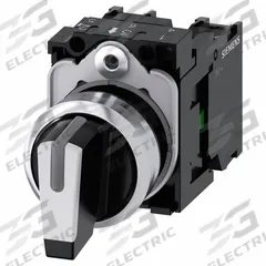 SIEMENS Selector Switch: 22 mm Panel Mounting Size, 3 Positions, Short Lever, 1NO (MPN 3SU11502BM601NA0). Key specifications — AC Contact Rating: 10 A @ 500 V; Action: Momentary/Momentary/Momentary; Cam: No Cam Included; DC Contact Rating: 5 A @ 500 V; Hazardous Location Specification: Not Rated; Operator Head Material: Plastic; Operator Head Type: Short-Handled Knob; Operator Illumination: Illuminated.