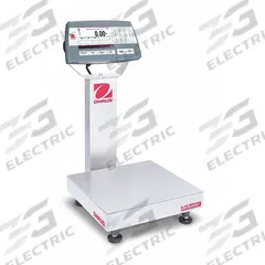 OHAUS Industrial Bench Scale: 12 in x 12 in, Not IP Rated, Column-Mounted, Defender 5000 (MPN 30461631). Key specifications — Connection Ports: USB; Readability: 0.002 lb/1 g; Brand: OHAUS; Weighing Surface Material: Stainless Steel.