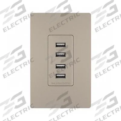 LEGRAND Receptacle: 4 USB Ports, USB Type A, Nickel, 125V AC - Weather-Resistant Receptacles with USB Chargers