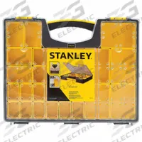 STANLEY Compartment Box: 13 1/4 in x 16 1/2 in x 2 1/8 in, Clear/Black/Yellow, 25 Compartments (MPN 014725R). Key specifications — ESD Conductive: Not Electrostatic Discharge Conductive; Color: Clear/Black/Yellow; Compartment WxD: 16-1/4 in x 13-1/2 in x 2-1/8 in; Brand: STANLEY; Material: Plastic.