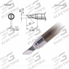 HAKKO Soldering Tip: T39 Series, Knife, 3 mm W, 11 mm Lg (MPN T39-KU). Key specifications — Brand: HAKKO; Compatible Handpiece Manufacturer Model Number: FX-9701; Manufacturer Part Number: T39-KU.