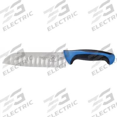 MERCER CUTLERY Santoku Knife: Granton Edge, 7 in Overall Lg, Steel Blade, Blue Handle - Santoku Knives