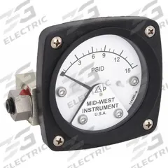 MIDWEST INSTRUMENT Differential Pressure Gauge: Back, 1/4 in NPT Female, ±3-2-3% Gauge Accuracy, 120 (MPN 120-AA-00-OO-15P). Key specifications — Sensor Type: Piston; Series: 120; Housing Material: Aluminum; Certificate of Calibration: Not Included; Gauge Accuracy: ±3-2-3%.